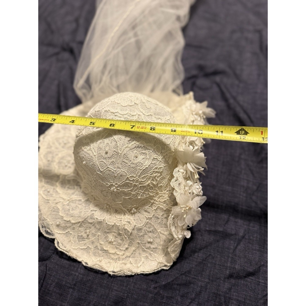 Vintage bohemian Floral Bridal Hat with Veil Ivory Lace Wedding Church 34" long‎ - Picture 10 of 12
